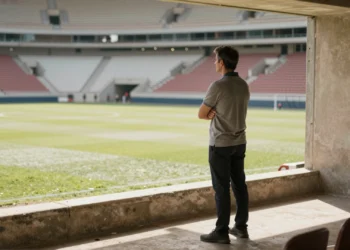 Entrenador de fútbol solitario en el túnel de un estadio vacío mirando el césped en un caluroso verano