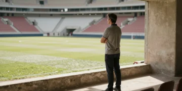 Entrenador de fútbol solitario en el túnel de un estadio vacío mirando el césped en un caluroso verano