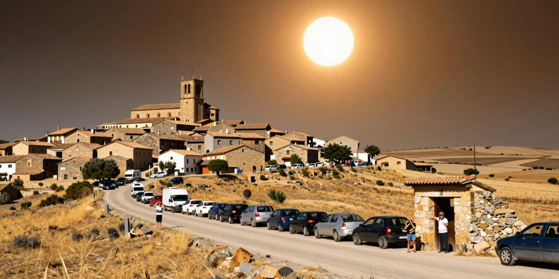 Eclipse solar total sobre pueblo rural de piedra en España vaciada con visitantes y autocaravanas en carretera