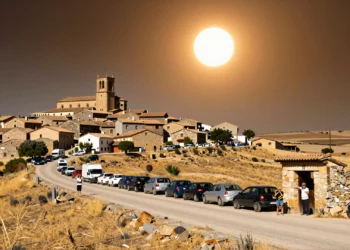 Eclipse solar total sobre pueblo rural de piedra en España vaciada con visitantes y autocaravanas en carretera