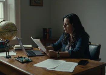 Carissa Véliz, filósofa de Oxford, en un estudio con libros de filosofía y símbolos del mito frente a la IA