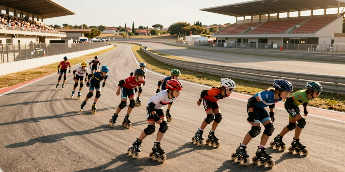 Patinadores en línea compitiendo en la recta del Circuit de Barcelona-Catalunya bajo la luz dorada del atardecer