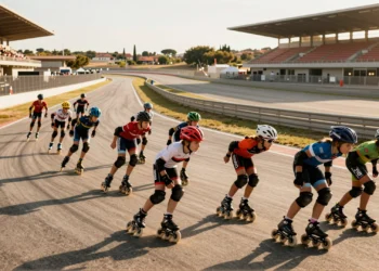 Patinadores en línea compitiendo en la recta del Circuit de Barcelona-Catalunya bajo la luz dorada del atardecer