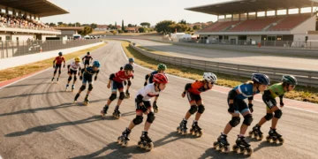 Patinadores en línea compitiendo en la recta del Circuit de Barcelona-Catalunya bajo la luz dorada del atardecer