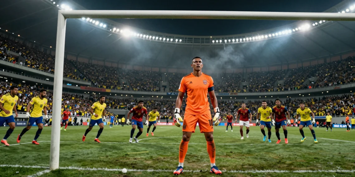 Eloy Room, portero de Curazao con camiseta naranja, bajo los focos del estadio frente al ataque de Ecuador en el Mundial