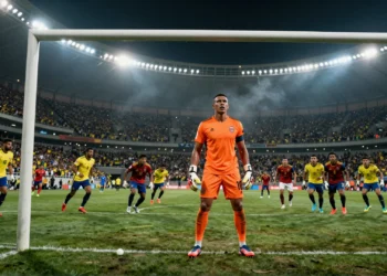 Eloy Room, portero de Curazao con camiseta naranja, bajo los focos del estadio frente al ataque de Ecuador en el Mundial