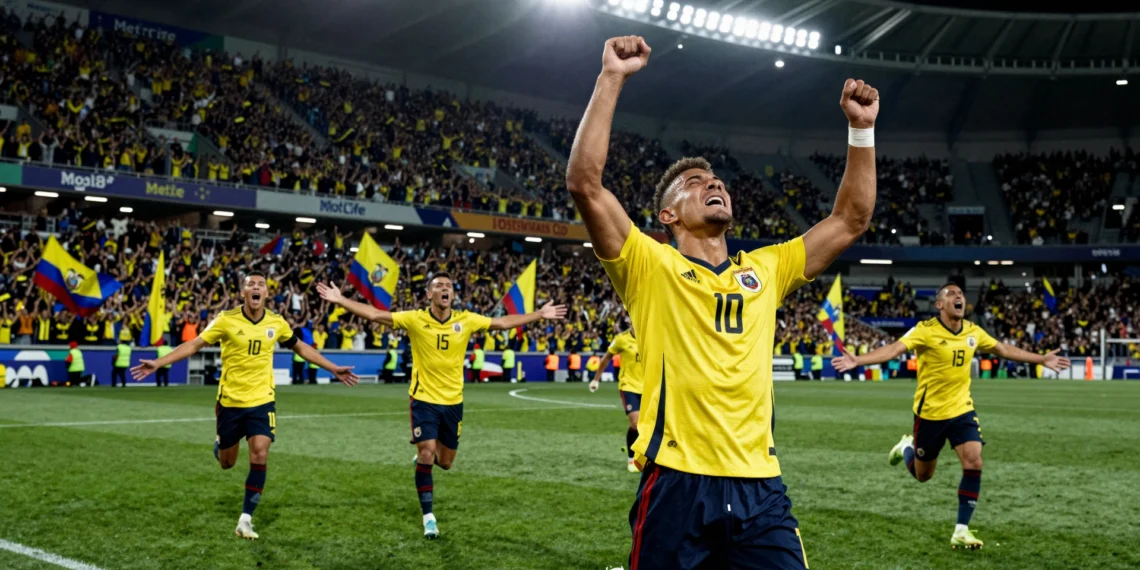 Jugador ecuatoriano celebra con los puños en alto en el MetLife Stadium tras el gol histórico ante Alemania en el Mundial