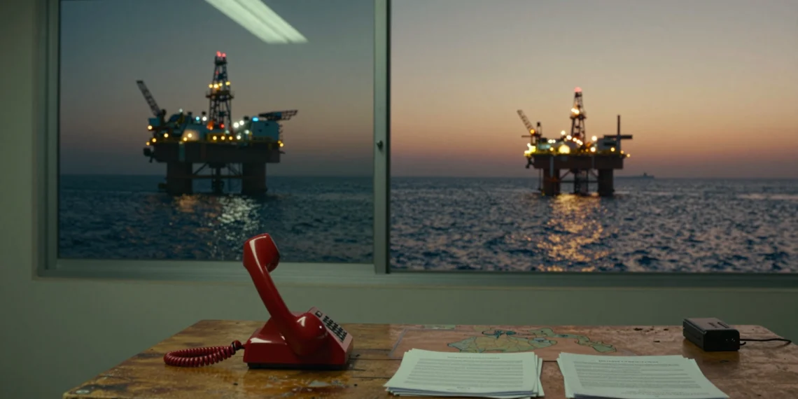 Teléfono rojo sobre escritorio con mapa del Golfo Pérsico y plataformas petroleras de la isla Kharg al fondo