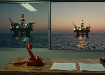 Teléfono rojo sobre escritorio con mapa del Golfo Pérsico y plataformas petroleras de la isla Kharg al fondo