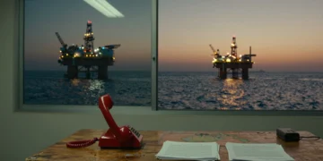 Teléfono rojo sobre escritorio con mapa del Golfo Pérsico y plataformas petroleras de la isla Kharg al fondo
