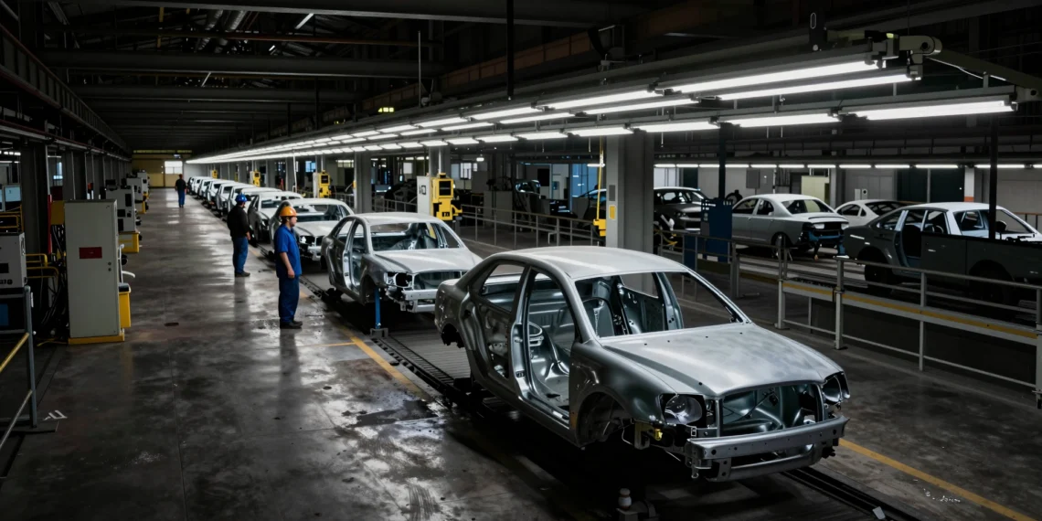 Planta de Ford Almussafes con línea de montaje casi vacía, trabajadores entre carrocerías sin terminar y maquinaria parada