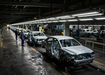 Planta de Ford Almussafes con línea de montaje casi vacía, trabajadores entre carrocerías sin terminar y maquinaria parada