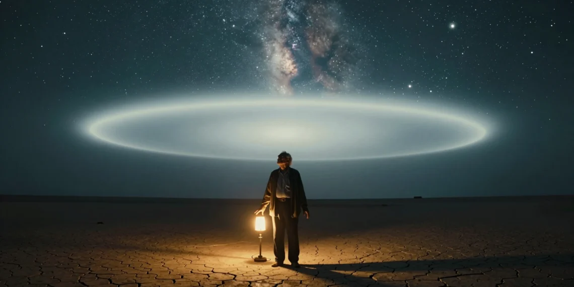 Cineasta anciano silueteado bajo un cielo estrellado en el desierto, contemplando un fenómeno luminoso azul en el horizonte