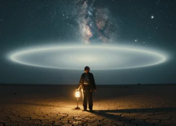 Cineasta anciano silueteado bajo un cielo estrellado en el desierto, contemplando un fenómeno luminoso azul en el horizonte
