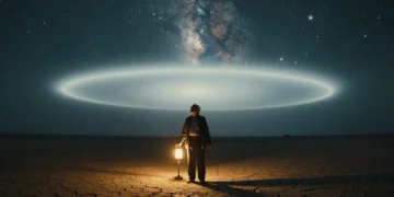 Cineasta anciano silueteado bajo un cielo estrellado en el desierto, contemplando un fenómeno luminoso azul en el horizonte