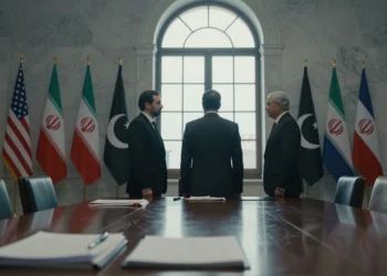 Diplomáticos de EE.UU., Irán y Pakistán ante banderas nacionales en sala de negociaciones del acuerdo de paz