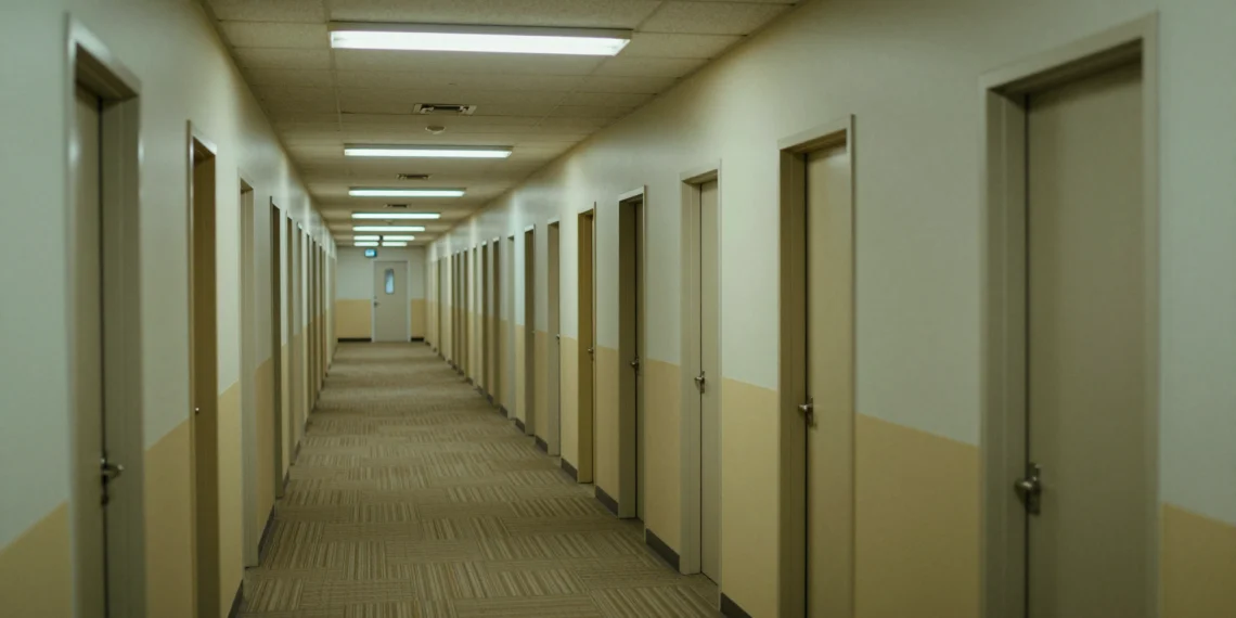 Pasillo de oficina vacío e infinito iluminado con luz fluorescente amarilla verdosa, alfombra beige y puertas cerradas