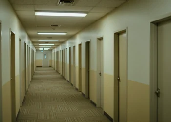 Pasillo de oficina vacío e infinito iluminado con luz fluorescente amarilla verdosa, alfombra beige y puertas cerradas