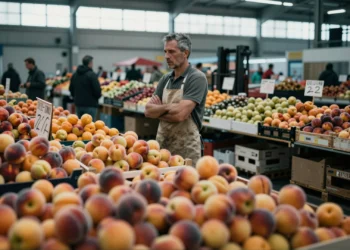 Trabajador de mercado mayorista europeo observa cajas desbordantes de melocotones, nectarinas y albaricoques maduros