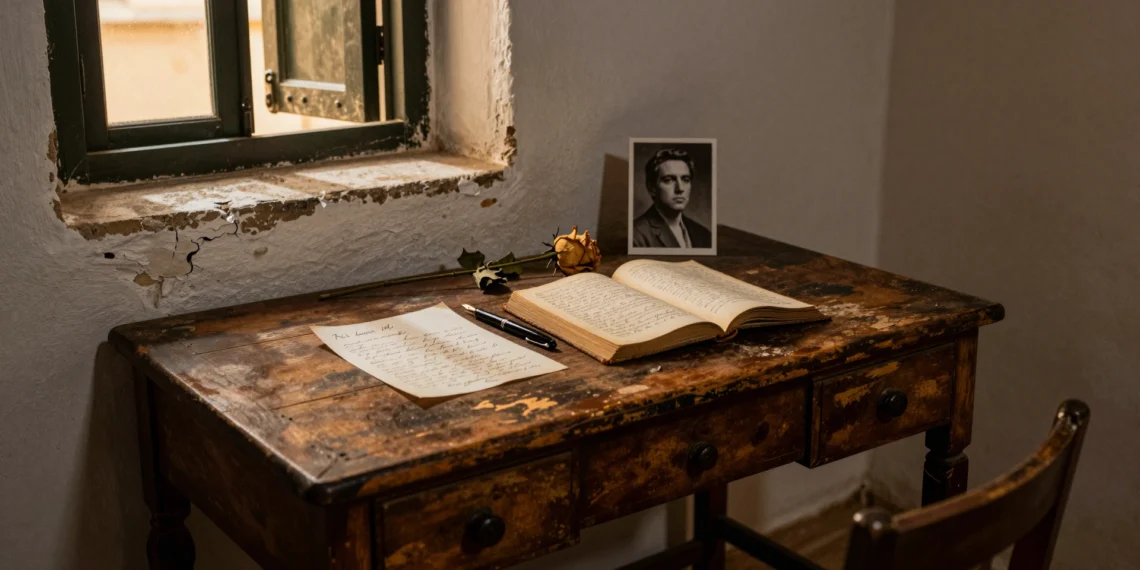 Escritorio andaluz con carta manuscrita, pluma, poemario abierto y rosa seca, evocando la memoria de Federico García Lorca