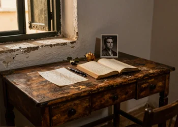 Escritorio andaluz con carta manuscrita, pluma, poemario abierto y rosa seca, evocando la memoria de Federico García Lorca