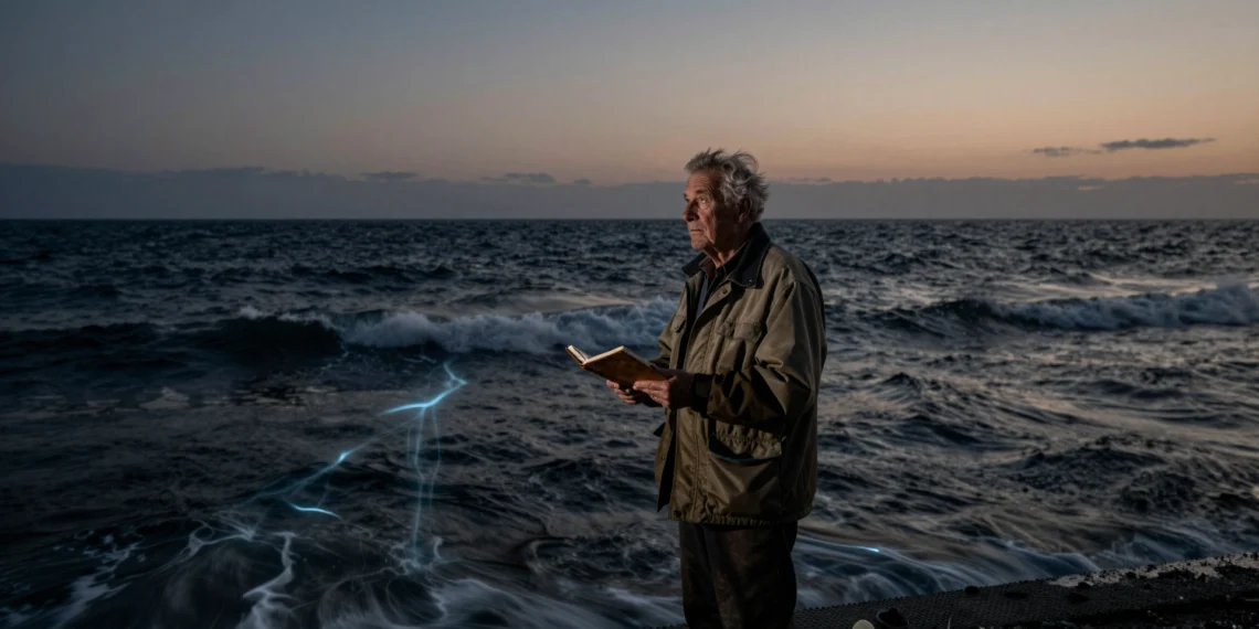 Oceanógrafo anciano de pie al borde del océano oscuro al atardecer, contemplando el mar profundo con un cuaderno en la mano.