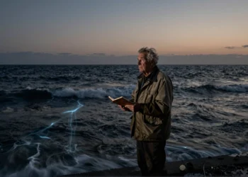 Oceanógrafo anciano de pie al borde del océano oscuro al atardecer, contemplando el mar profundo con un cuaderno en la mano.