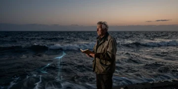 Oceanógrafo anciano de pie al borde del océano oscuro al atardecer, contemplando el mar profundo con un cuaderno en la mano.