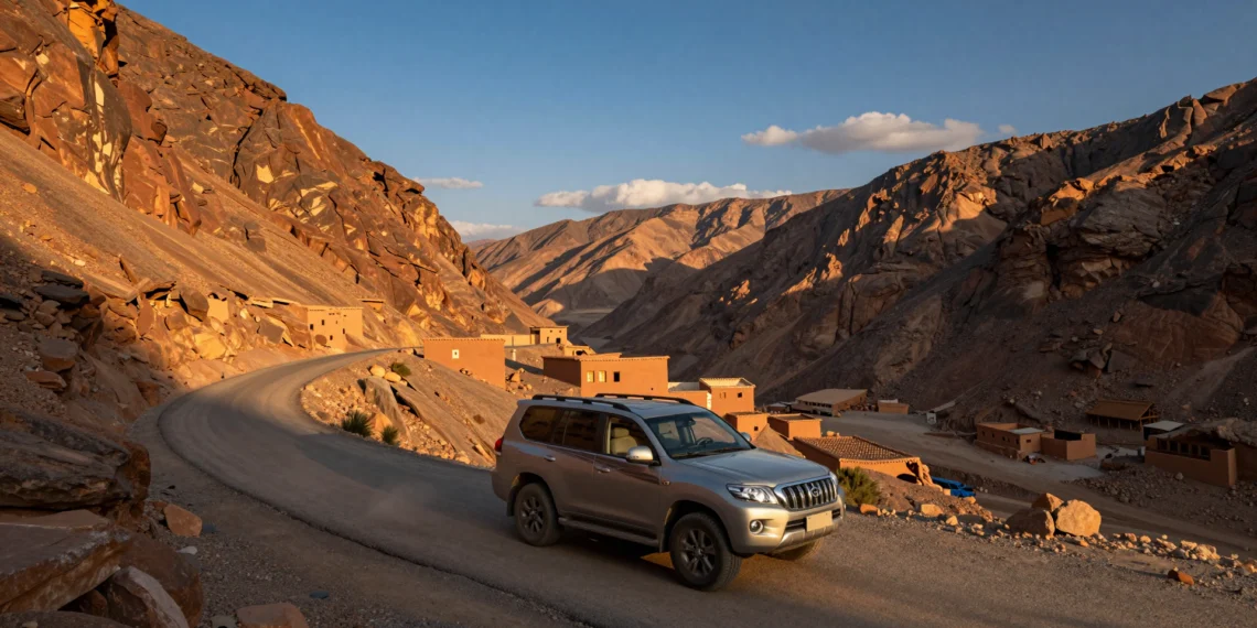 SUV híbrido enchufable Ebro s900 en curva de montaña del Alto Atlas de Marruecos a más de 3.000 metros