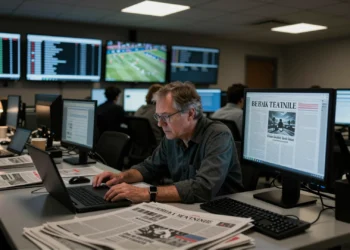 Periodista en redacción nocturna maquetando un periódico impreso rodeado de pruebas en papel y pantallas digitales