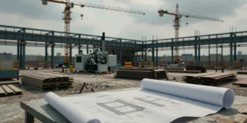 Planta industrial abandonada con grúas paradas y banderas de España y la UE, símbolo del recorte en inversión de chips