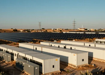 Paneles solares y baterías de almacenamiento energético industrial en paisaje del sur de Europa bajo cielo mediterráneo