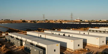 Paneles solares y baterías de almacenamiento energético industrial en paisaje del sur de Europa bajo cielo mediterráneo
