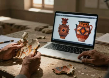 Fragmentos de terracota harappense junto a pantalla con reconstrucción de colores por IA de la civilización del Indo