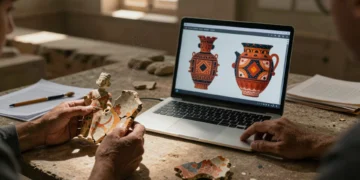 Fragmentos de terracota harappense junto a pantalla con reconstrucción de colores por IA de la civilización del Indo