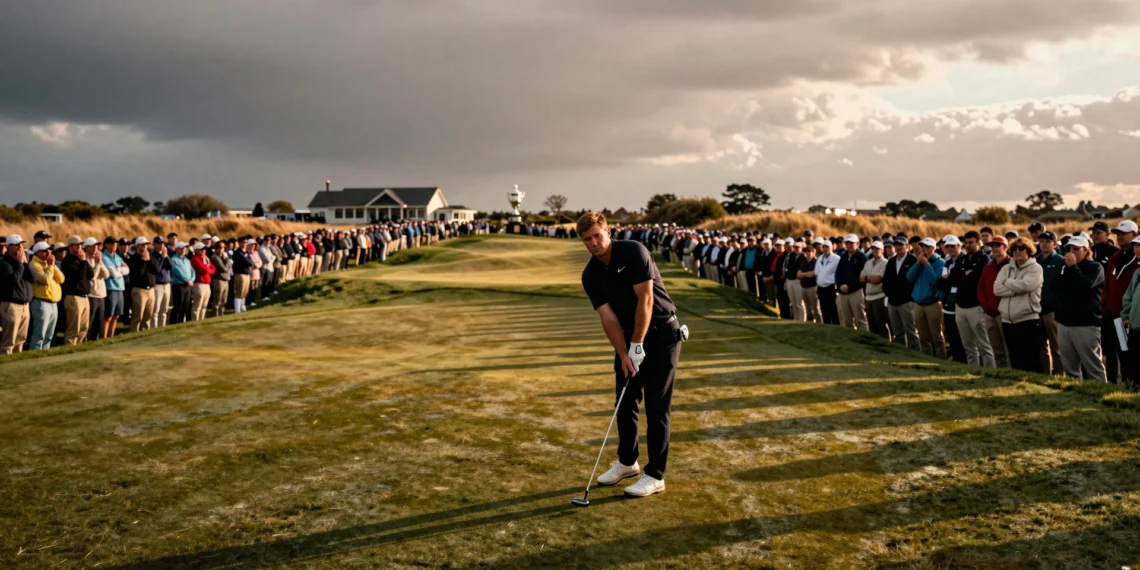 Wyndham Clark concentrado en el hoyo 18 de Shinnecock Hills durante el US Open, rodeado de miles de espectadores