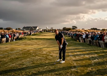 Wyndham Clark concentrado en el hoyo 18 de Shinnecock Hills durante el US Open, rodeado de miles de espectadores