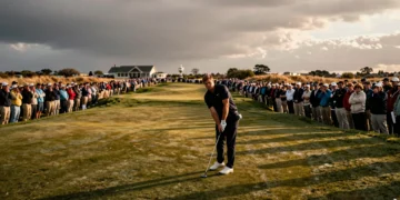 Wyndham Clark concentrado en el hoyo 18 de Shinnecock Hills durante el US Open, rodeado de miles de espectadores