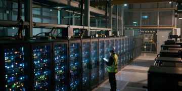 Ingeniero revisando tablet en interior de centro de datos hiperescala con filas de servidores iluminados en azul