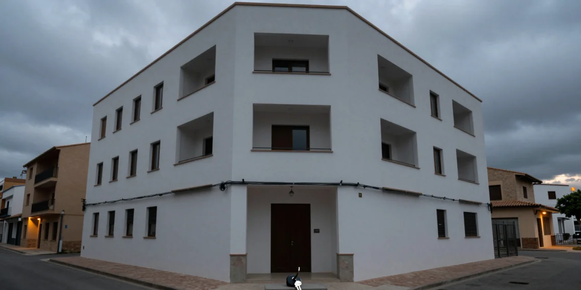 Edificio residencial terminado en Valencia oscuro y vacío, con llaves en la entrada y cables eléctricos sin conexión