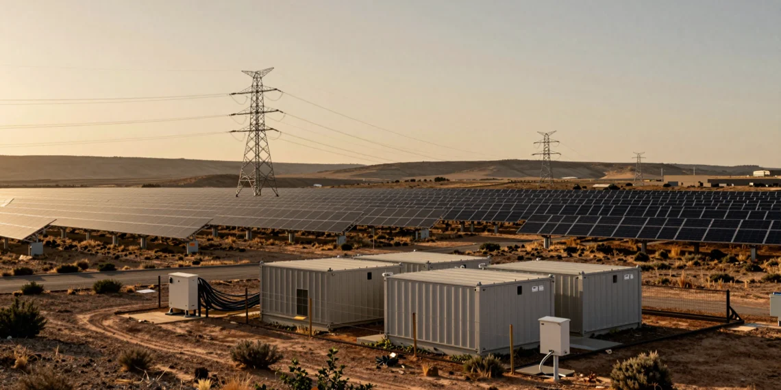 Planta solar en meseta castellana con baterías industriales bloqueadas y torres de alta tensión al fondo