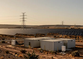 Planta solar en meseta castellana con baterías industriales bloqueadas y torres de alta tensión al fondo