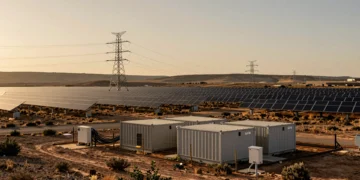 Planta solar en meseta castellana con baterías industriales bloqueadas y torres de alta tensión al fondo
