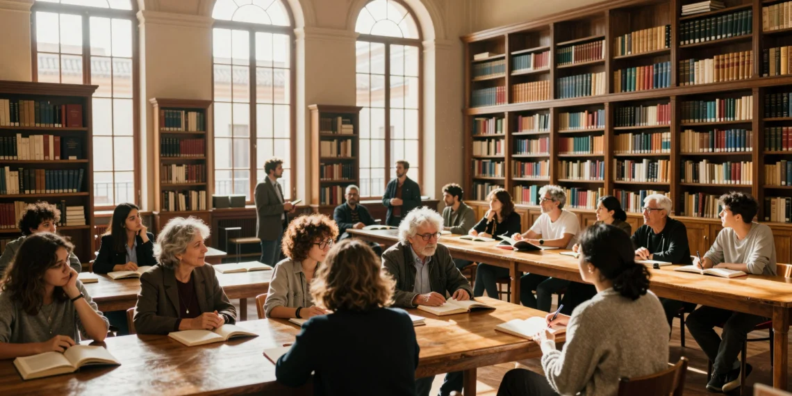 Sala de lectura de la Biblioteca Regional de Murcia con luz dorada y lectores diversos junto a una bibliotecaria
