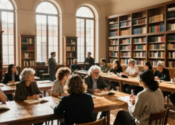 Sala de lectura de la Biblioteca Regional de Murcia con luz dorada y lectores diversos junto a una bibliotecaria