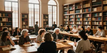 Sala de lectura de la Biblioteca Regional de Murcia con luz dorada y lectores diversos junto a una bibliotecaria