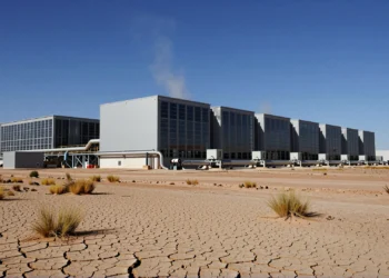 Centro de datos de Amazon en paisaje árido de Aragón, España, con tuberías de agua y tierra reseca en primer plano
