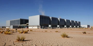 Centro de datos de Amazon en paisaje árido de Aragón, España, con tuberías de agua y tierra reseca en primer plano