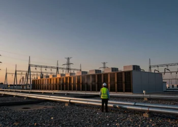 Ingeniero ante un centro de datos al atardecer rodeado de torres eléctricas y cables industriales