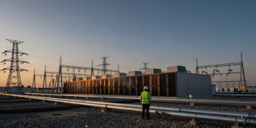 Ingeniero ante un centro de datos al atardecer rodeado de torres eléctricas y cables industriales
